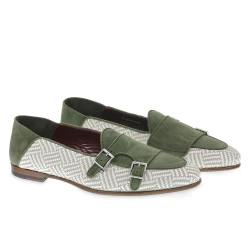Mocassin double boucle en daim vert et tissu tressé - Fratelli Borgioli