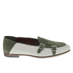 Double buckle moccasin in green suede and woven fabric - Fratelli Borgioli