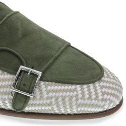 Double buckle moccasin in green suede and woven fabric - Fratelli Borgioli
