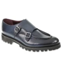 Double buckle moccasin in blue antiqued calfskin handmade by Fratelli Borgioli