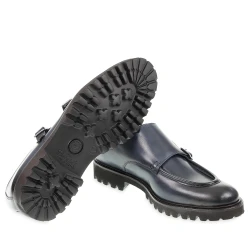 Double buckle moccasin in blue antiqued calfskin handmade by Fratelli Borgioli