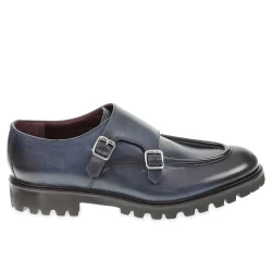 Double buckle moccasin in blue antiqued calfskin handmade by Fratelli Borgioli