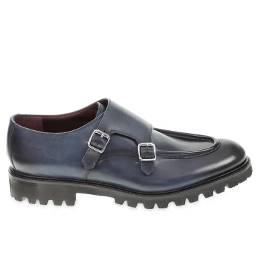 Double buckle moccasin in blue antiqued calfskin handmade by Fratelli Borgioli