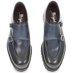 Double buckle moccasin in blue antiqued calfskin handmade by Fratelli Borgioli