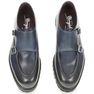 Mocassin double boucle en cuir de veau vieilli bleu fait main par Fratelli Borgioli