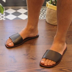 Men's leather slides sandals in dark brown leather handmade