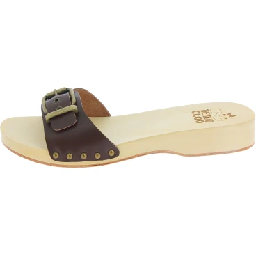 Handmade men's wooden clog sandals with adjustable dark brown leather band