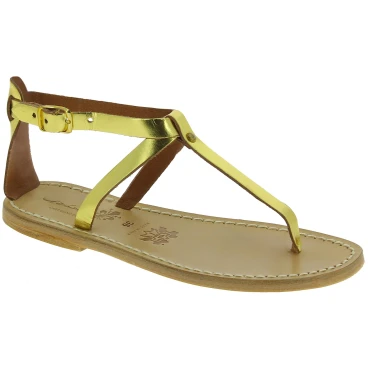 Damen-Riemchen-Sandalen mit gelber Laminierung in Italien von Hand gefertigt