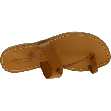 Handgefertigte Zehenstegsandalen für Damen aus hellbraunem Leder