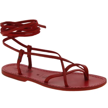 Red leather flat strappy sandals handmade in Italy