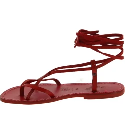 Red leather flat strappy sandals handmade in Italy