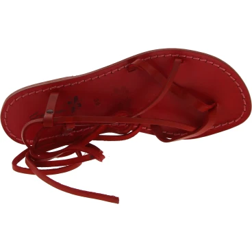 Red leather flat strappy sandals handmade in Italy