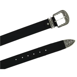 Cinturón wester de cuero negro con hebilla plateada de metal