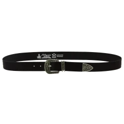Black leather western belt with silver metal buckle engraved