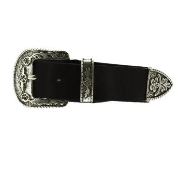 Ceinture western en cuir noir avec boucle argentée gravé