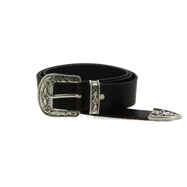 Cinturón wester de cuero negro con hebilla plateada de metal