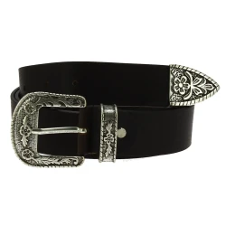 Black leather western belt with silver metal buckle engraved