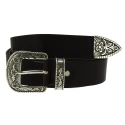 Ceinture western en cuir noir avec boucle argentée gravé