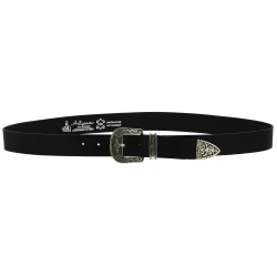 Dark brown leather western belt with silver metal buckle engraved
