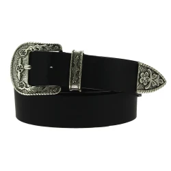 Dark brown leather western belt with silver metal buckle engraved