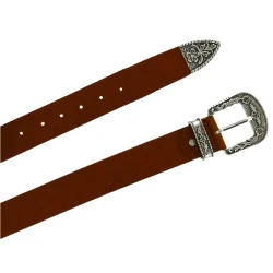 Cinturón wester de cuero con hebilla metálica plateada grabada