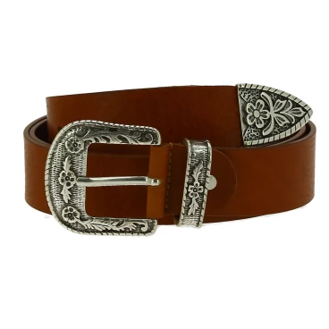 Ceinture western en cuir marron avec boucle argentée gravé
