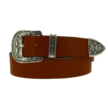 Tan leather western belt with silver metal buckle engraved