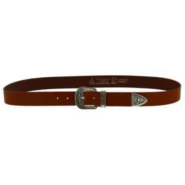 Tan leather western belt with silver metal buckle engraved