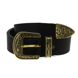 Black leather western belt with bronze metal buckle engraved