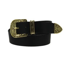 Ceinture western en cuir noir avec boucle bronzé gravé