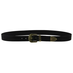 Cintura western in pelle nera con fibbia in metallo color bronzo