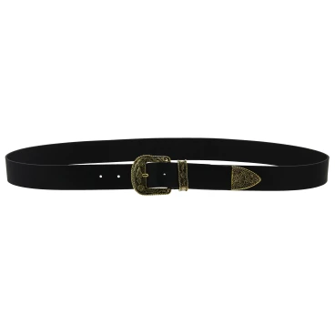 Black leather western belt with bronze metal buckle engraved