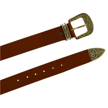 Ceinture western en cuir marron avec boucle bronzé gravé