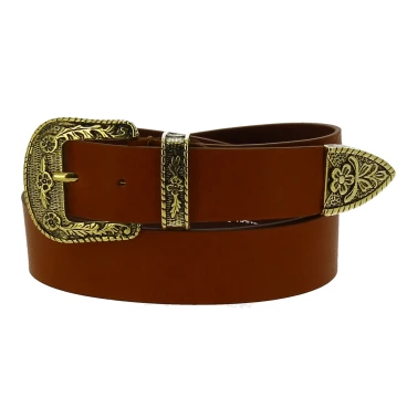 Tan leather western belt with bronze metal buckle engraved