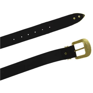 Dark brown leather western belt with bronze metal buckle engraved