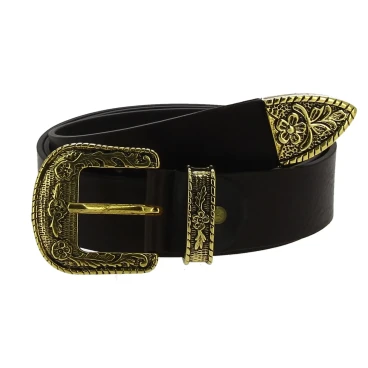 Dark brown leather western belt with bronze metal buckle engraved