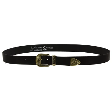 Dark brown leather western belt with bronze metal buckle engraved