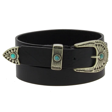 Ceinture femme en cuir noir de 2,5 cm avec boucle et embout en métal gravés