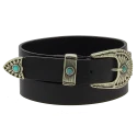 Women's 2.5 cm black leather belt with engraved metal buckle and tip