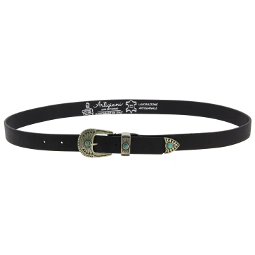 Ceinture femme en cuir noir de 2,5 cm avec boucle et embout en métal gravés