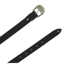 Women's 2.5 cm black leather belt with engraved metal buckle and tip