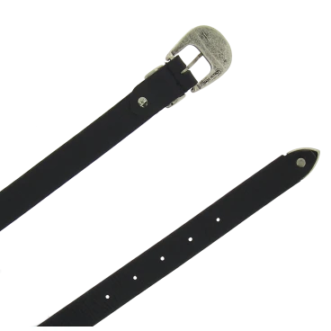 Women's 2.5 cm black leather belt with engraved metal buckle and tip