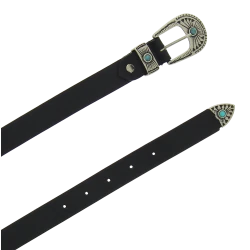 Women's 2.5 cm black leather belt with engraved metal buckle and tip