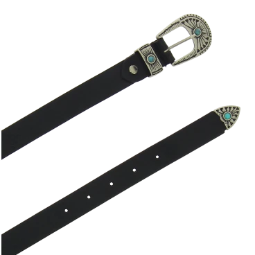 Damengürtel aus schwarzem Kalbsleder 2,5 cm breit mit gravierter Metallschnalle