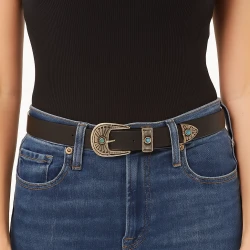 Women's 2.5 cm black leather belt with engraved metal buckle and tip