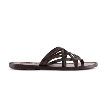 Handmade dark brown braid leather womens thongs and leather sole
